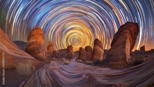 Swirling stars arch above a landscape with rock formations and desert vegetation