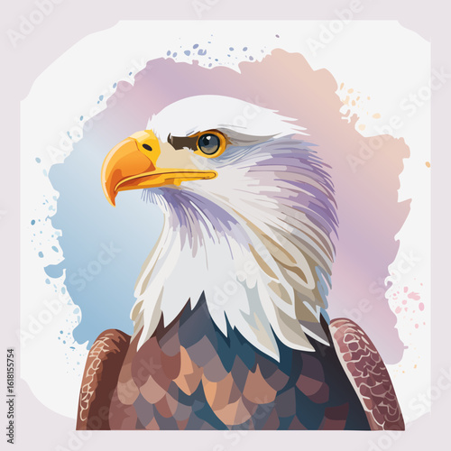 Artistic portrait of a majestic bald eagle with a sharp gaze and stylized feathers.