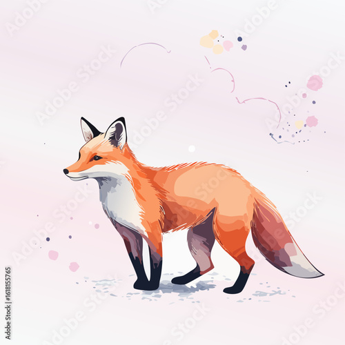 Elegant red fox illustration in a watercolor style, standing with orange fur and a bushy white-tipped tail.
