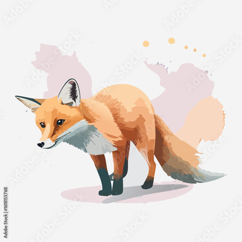 Stylized illustration of a crouching red fox with a bushy tail and black paws.