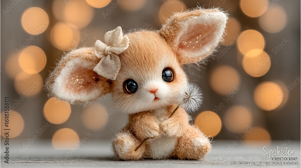 Fototapeta premium Utterly adorable, fluffy plush bunny with big, sparkling eyes and glitter-accented ears, wearing a delicate bow, gently holding a dandelion puff against a soft, dreamy bokeh light background.