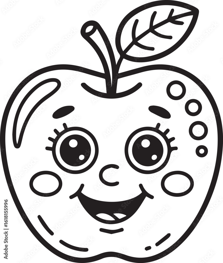 Obraz premium A cute and happy apple character with a smiling face. Black and white outline vector illustration for a coloring book.
