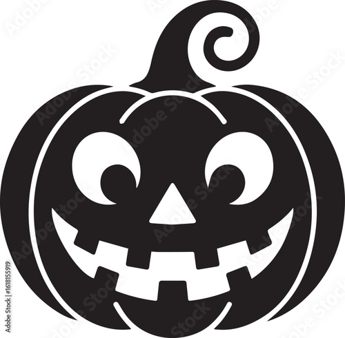 Happy Jack-o'-lantern pumpkin silhouette with a smiling face. A simple black graphic illustration for Halloween festivities.