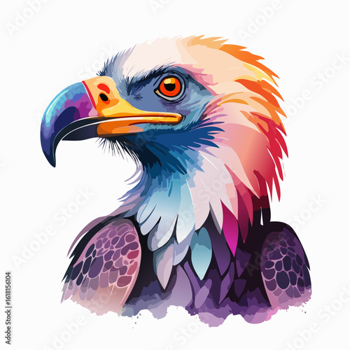 Colorful stylized vulture portrait with a vibrant, multi-hued beak and intense orange eye.