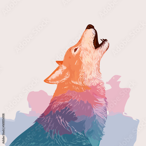 Stylized howling wolf with vibrant orange, pink, and blue gradient fur.
