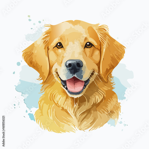 Artistic watercolor portrait of a smiling Golden Retriever with expressive brown eyes and golden fur.