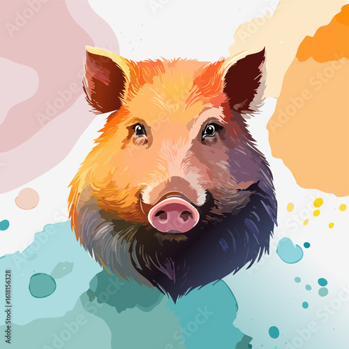Vibrant watercolor portrait of a wild boar's head. Artistic illustration with colorful orange and purple fur.