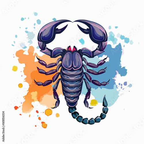 A stylized purple scorpion illustration with large raised pincers, bold outlines, and a curved stinger tail.