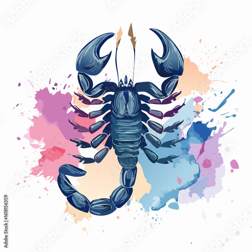 Stylized dark blue scorpion illustration with large pincers and a segmented, curved tail.