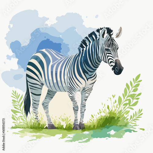 Artistic watercolor illustration of a zebra with blue and black stripes, standing gracefully in lush green grass.