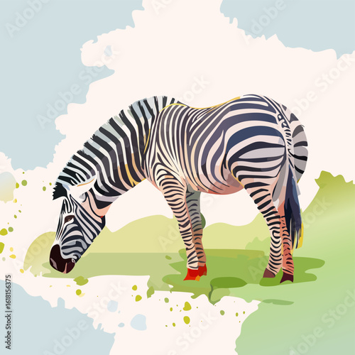 Artistic illustration of a grazing zebra with bold black and white stripes and colorful accents.