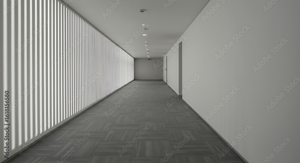 Obraz premium Minimalist architectural design of a long, empty office corridor. Perspective view with patterned light from a slatted wall and tiled carpet.