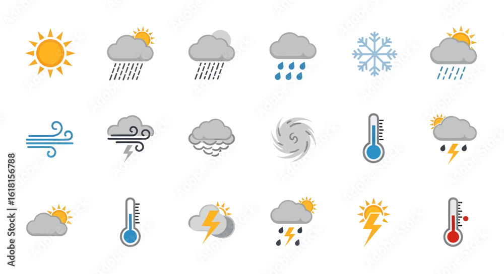 Obraz premium Diverse Weather Icons Set Sun, Clouds, Rain, Snow & Temperature