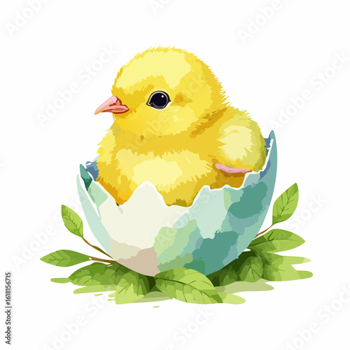 Adorable yellow chick hatching from a cracked blue eggshell, a cute watercolor style illustration.