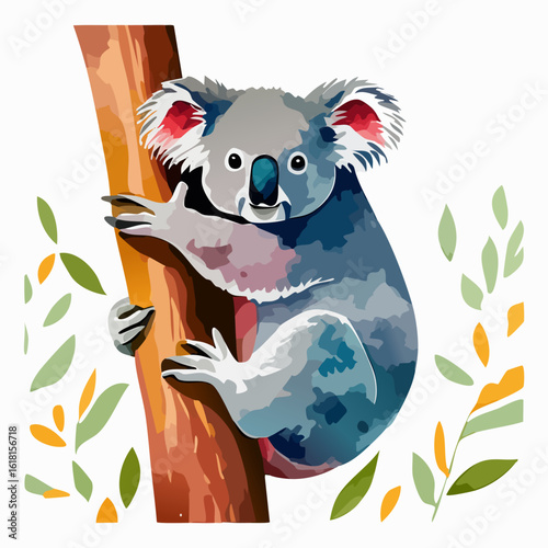 Colorful stylized illustration of a cute koala bear with fluffy ears climbing a tree trunk.