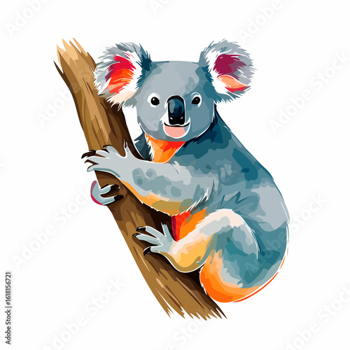 Colorful stylized koala with fluffy ears and a happy expression clinging to a tree branch.