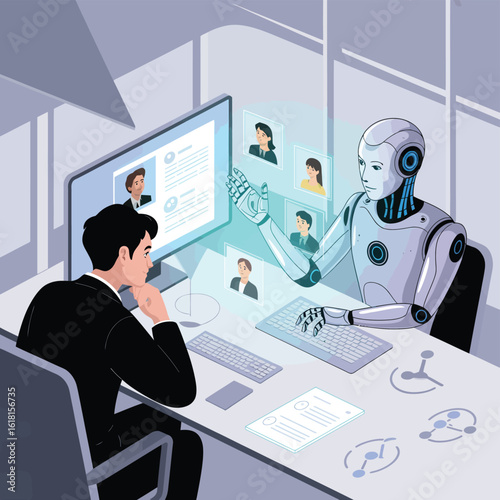 Montage of diverse business people working together in an office, utilizing technology, computers, and screens for digital communication and successful team meetings