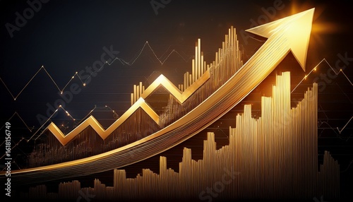 golden arrow graph showing upward trend with financial data charts on dark background