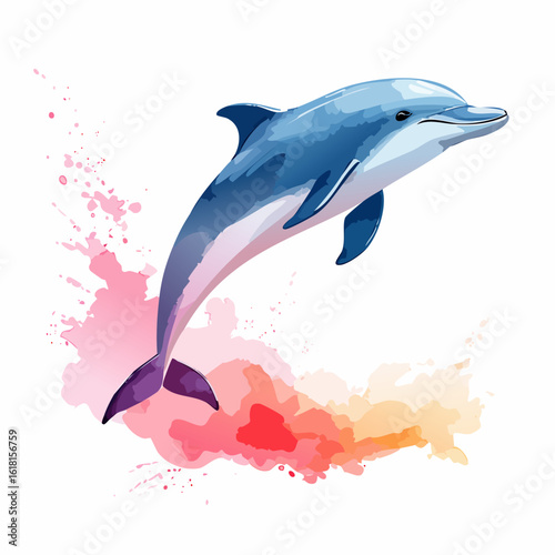 Artistic watercolor illustration of a cheerful blue dolphin leaping from colorful pink splashes.