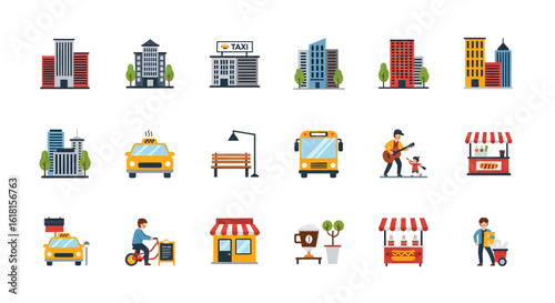 Collection of flat design city life icons, a vibrant mix of urban elements including buildings, transport, and people.