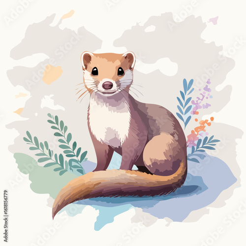 Charming watercolor illustration of a cute brown weasel sitting with a fluffy tail.