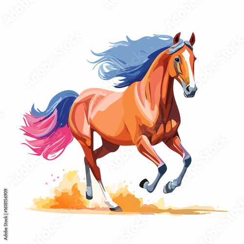 Stylized galloping horse with a flowing blue mane and vibrant multi-colored tail.