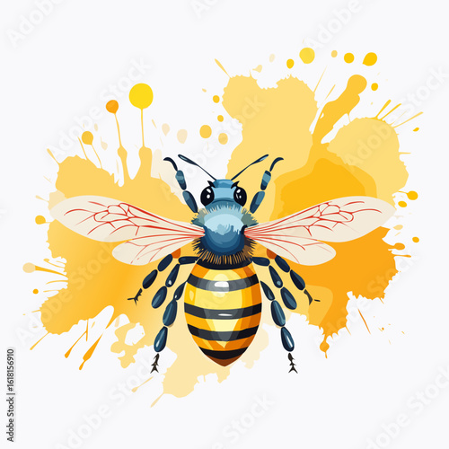 Colorful stylized bee illustration with a blue head, fuzzy thorax, and translucent wings.