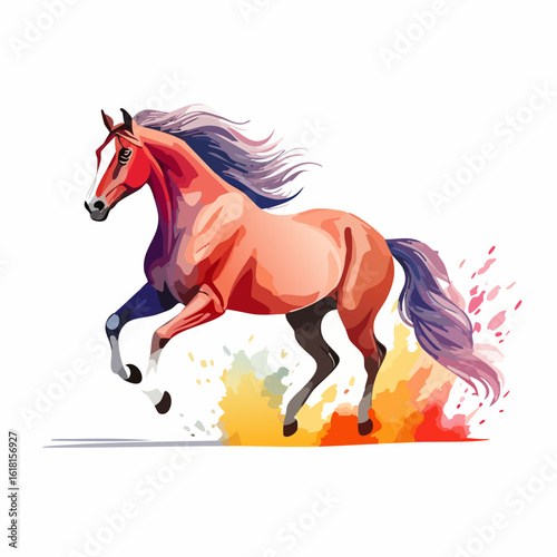 Artistic red horse with a flowing purple mane, galloping with vibrant watercolor splashes.