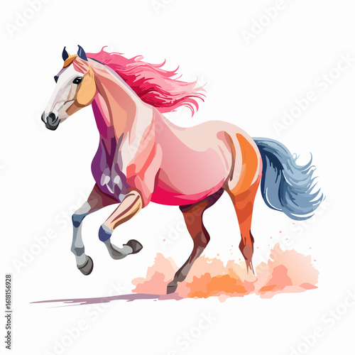 A vibrant, stylized horse galloping with a flowing pink mane and a contrasting blue tail.