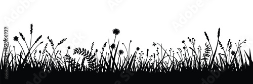 Wildflower Silhouette Vector Set – Black Floral Composition Isolated on White Background, Seamless Rural Grass and Meadow Plants, Perfect for Pasture, Haymaking, and Nature Design Projects

