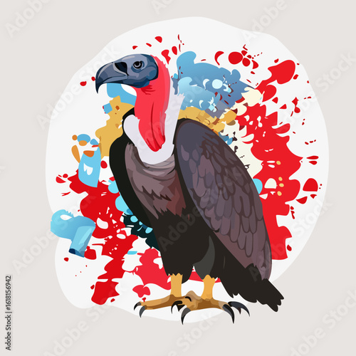 Standing vulture with a bald blue-grey head, wrinkled red neck, and dark feathers.