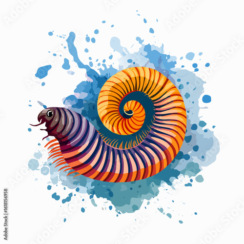Vibrant orange and purple millipede illustration curled into a defensive spiral pose.