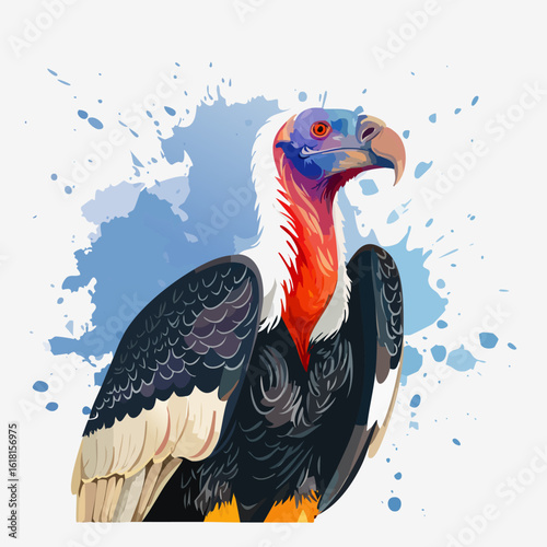 Vibrant illustration of a vulture with a colorful bald head, white neck ruff, and detailed dark plumage.