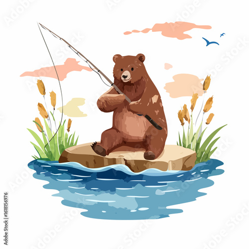 Charming cartoon brown bear sitting on a rock, patiently fishing with a rod.