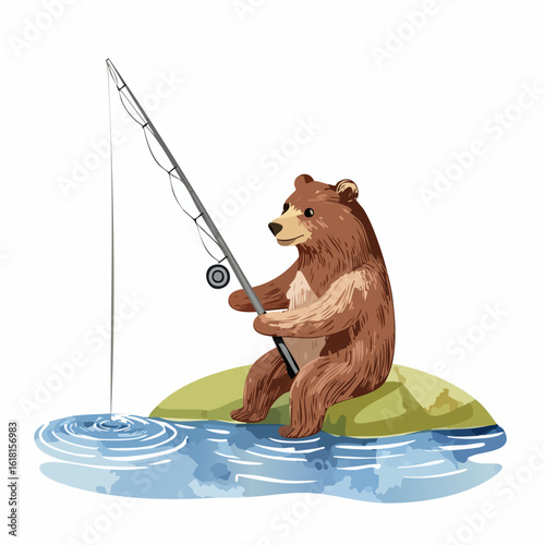 Charming illustrated brown bear character sitting on an island, patiently fishing with a rod and reel.