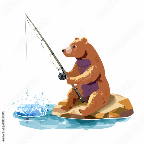 Illustrated brown bear character sitting on a rock, patiently fishing with a rod and reel.