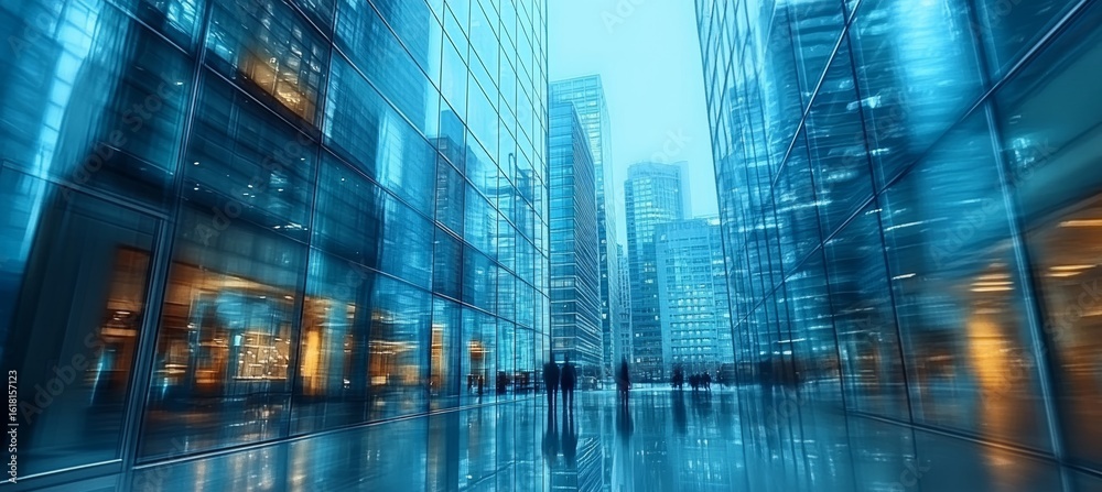 Fototapeta premium Panoramic View of Modern Skyscrapers in Financial District with Reflections on Glass Facades