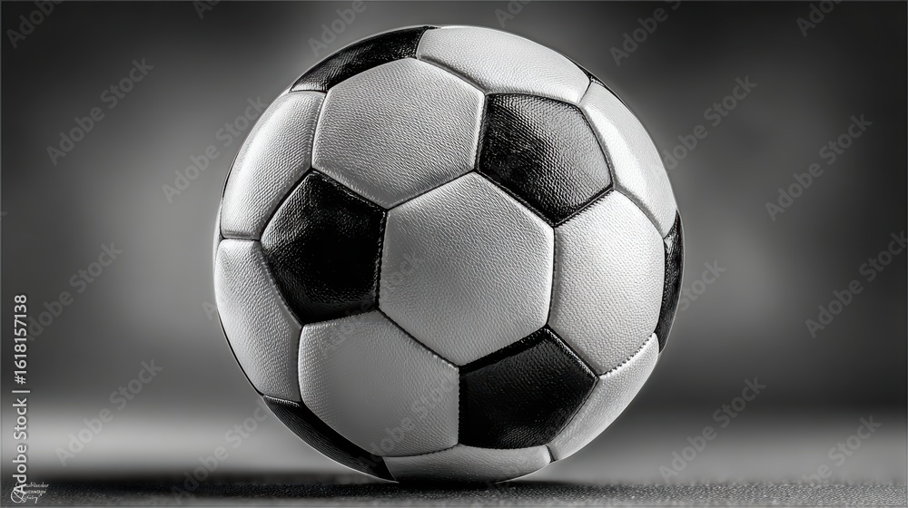 Fototapeta premium Classic soccer ball on neutral surface on a blurred background
