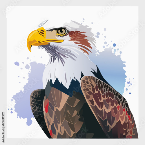 Stylized portrait of a majestic bald eagle with a white head and fierce gaze.