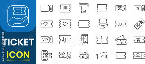 Ticket linear icon collection. Ticket vector icon set. Tickets for cinema, movie, circus, carnival, film, festival,  theater and more. Vector illustration.