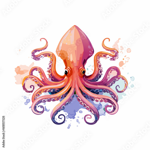Vibrant watercolor octopus with large eyes and curling purple and orange tentacles.