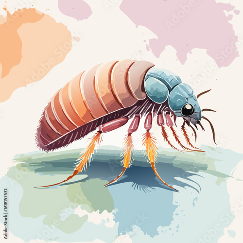 Colorful watercolor flea illustration with a segmented orange abdomen and blue thorax.