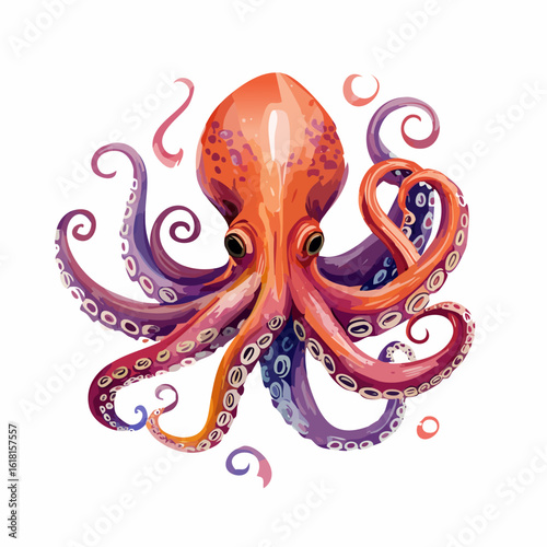 Vibrant watercolor octopus with a glossy orange mantle and curling purple tentacles.
