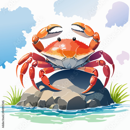 Cheerful red and orange cartoon crab with large open claws and a detailed, segmented shell.
