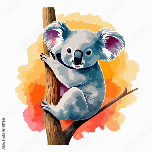 Charming watercolor style koala with fluffy ears clinging to a tree branch.