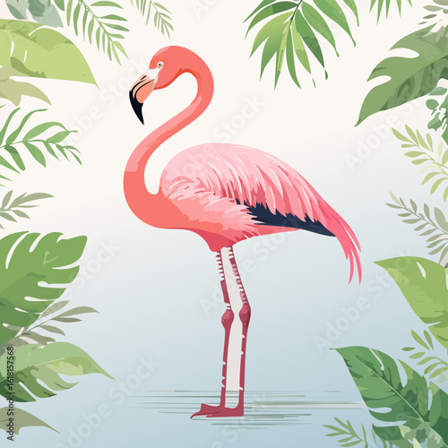 Graceful pink flamingo with coral plumage and black-tipped beak standing in shallow water.