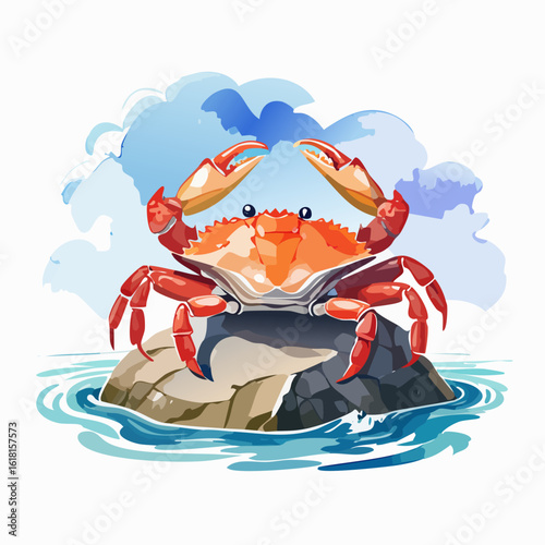 Vibrant red cartoon crab with large eyes and raised pincers, illustrated in a cheerful, stylized watercolor design.
