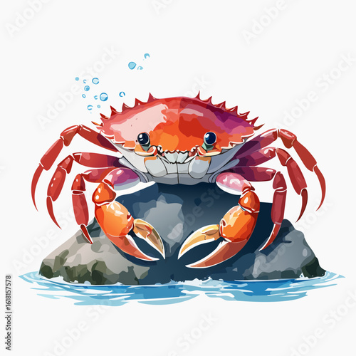 Vibrant red cartoon crab with a friendly smile and spiky shell, perched on a rock.