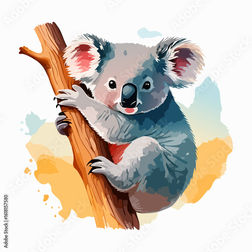 Charming watercolor illustration of a cute koala with fluffy ears clinging to a tree branch.