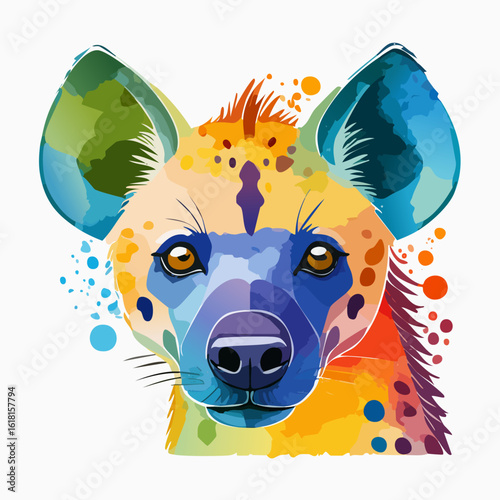 Vibrant watercolor hyena portrait with colorful spots and artistic paint splatters.